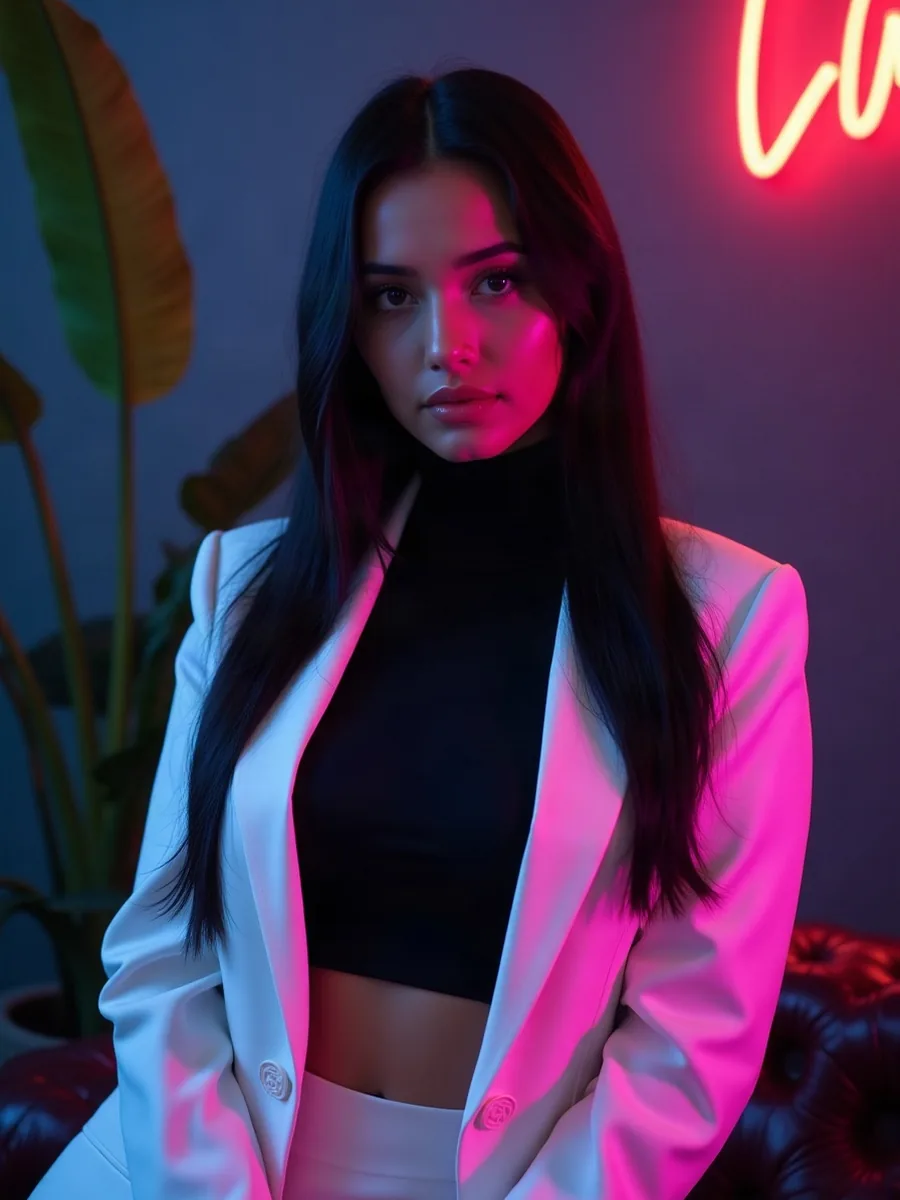 DreamGF: immagine illustrativa generata con IA, donna con lunghi capelli neri e blazer bianco, in un loft minimalista con piante