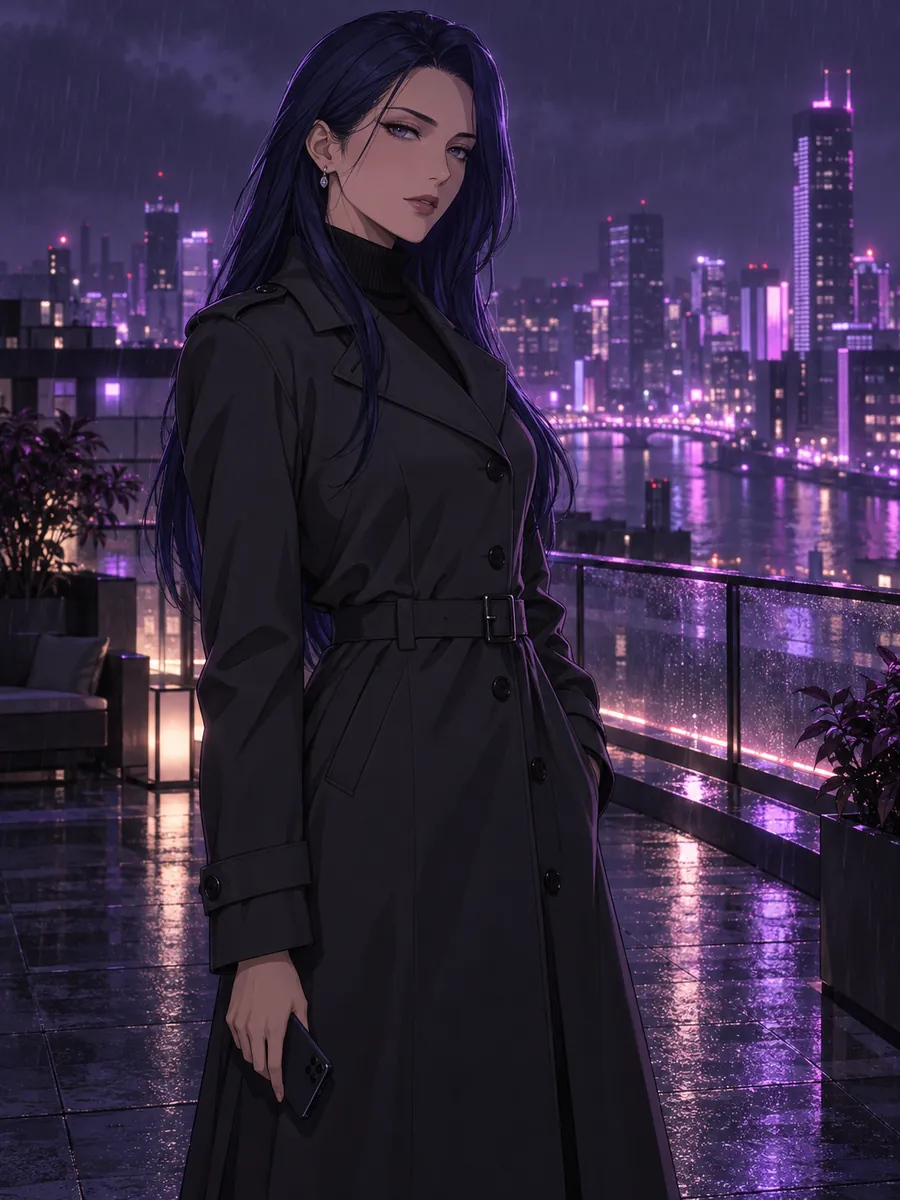 eHentai AI, fidanzata IA: illustrazione generata dall’IA, illustrazione anime di una donna adulta con lunghi capelli blu notte e trench antracite