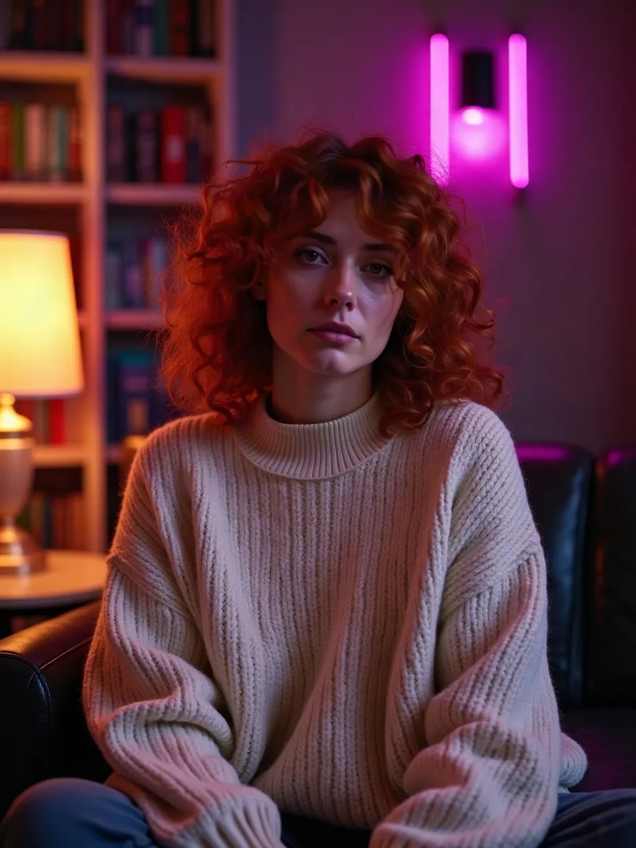 GirlfriendGPT: immagine illustrativa generata con IA, donna dai capelli rossi ricci con un maglione oversize color crema, in una libreria con lampade calde