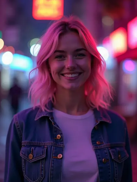 Kupid AI: immagine illustrativa generata con IA, donna sorridente con capelli corti rosati e giacca di jeans, su uno sfondo di luci sfocate