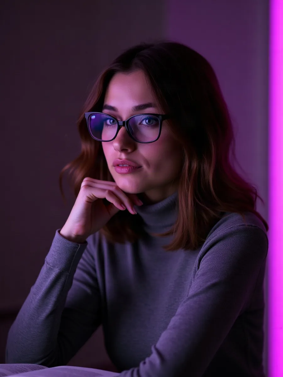 Nomi AI: immagine illustrativa generata con IA, donna con capelli castani di media lunghezza, occhiali e dolcevita grigio, in un angolo lettura
