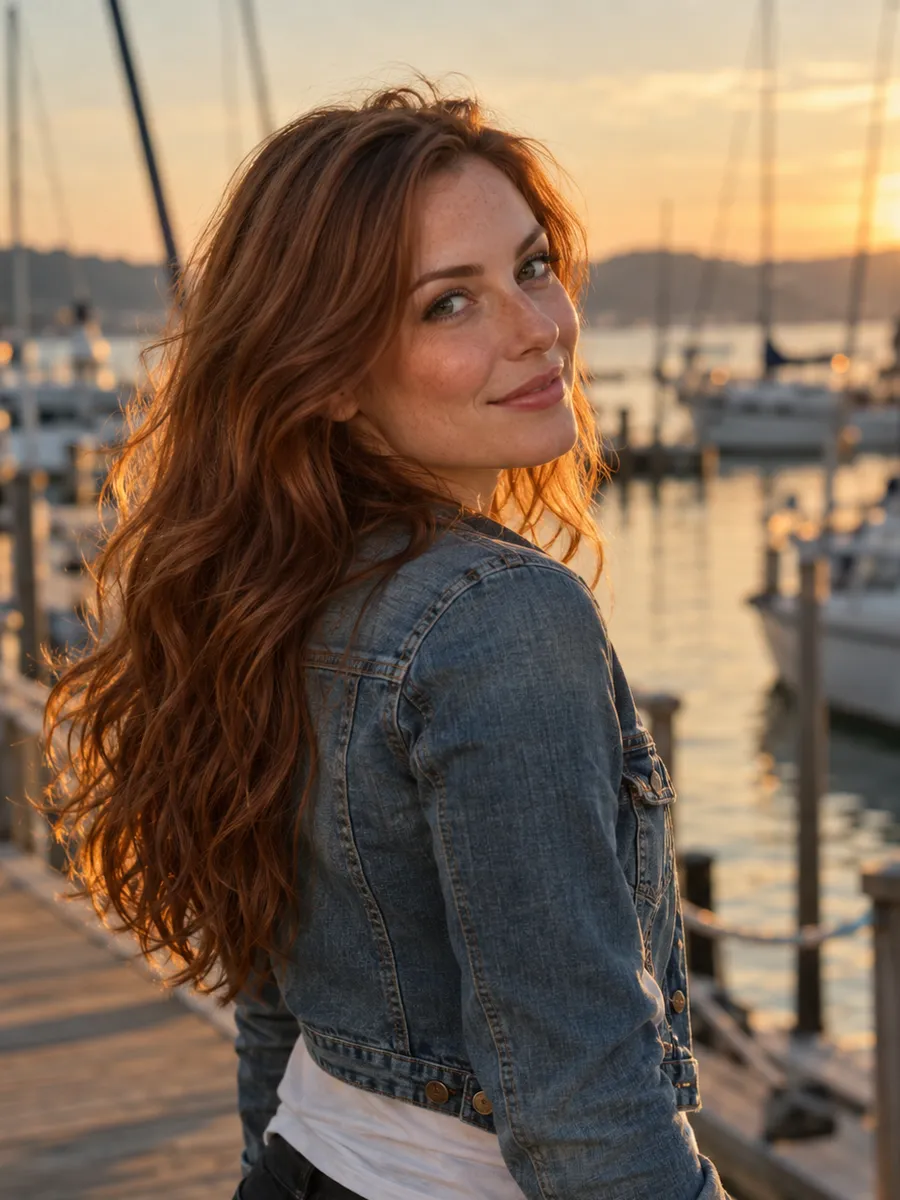Promptchan: immagine illustrativa generata con IA, donna con lunghi capelli mossi color castano ramato, in giacca di jeans, che sorride guardando sopra la spalla su un pontile al tramonto