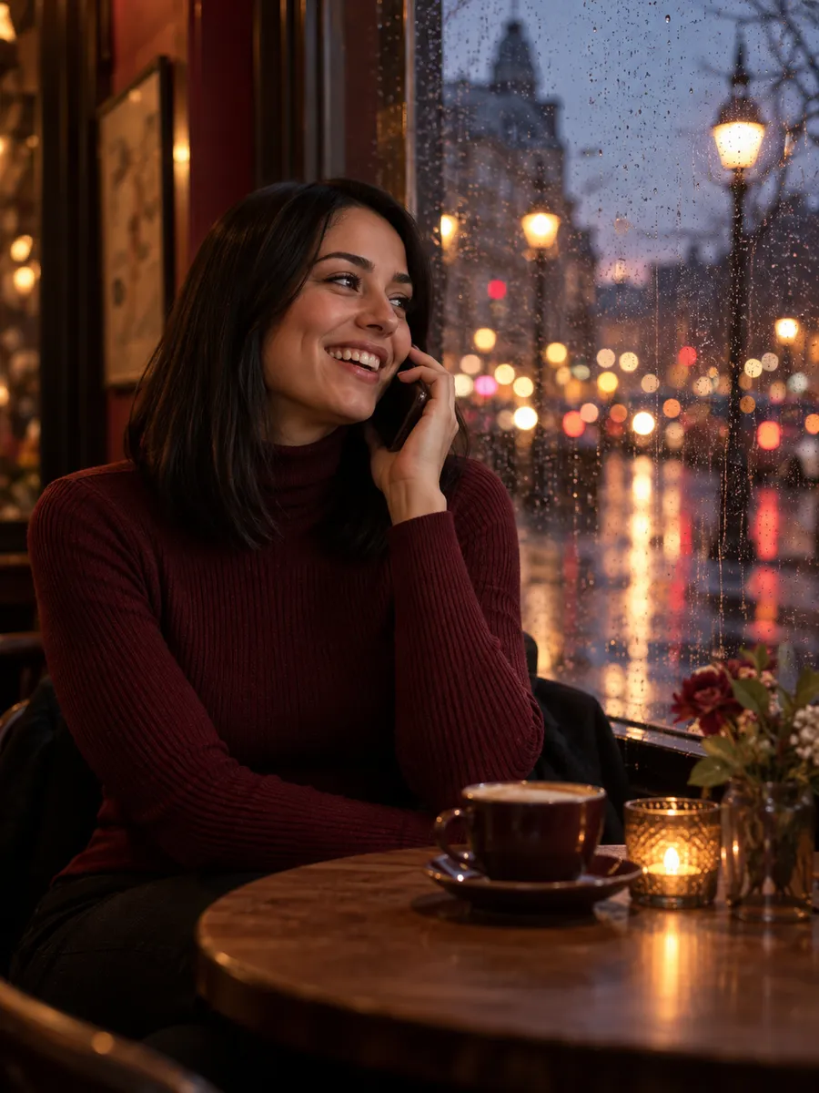 Swipey AI: immagine illustrativa generata con IA, donna con capelli neri lisci e maglione bordeaux, che ride al telefono a un tavolino di un bar davanti a una vetrata bagnata dalla pioggia, di sera