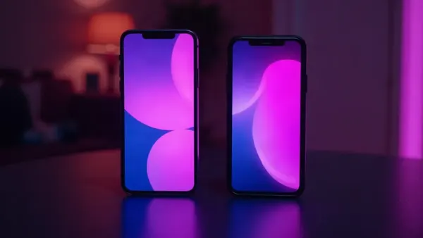 Due smartphone affiancati su un tavolo scuro, schermi viola (illustrazione dell’articolo)