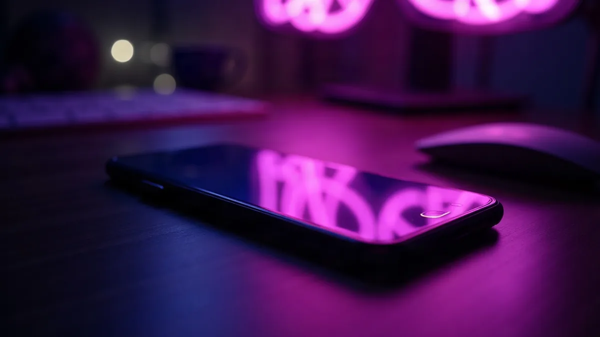 Smartphone appoggiato su una scrivania scura, riflessi viola luminosi sullo schermo (illustrazione dell’articolo)