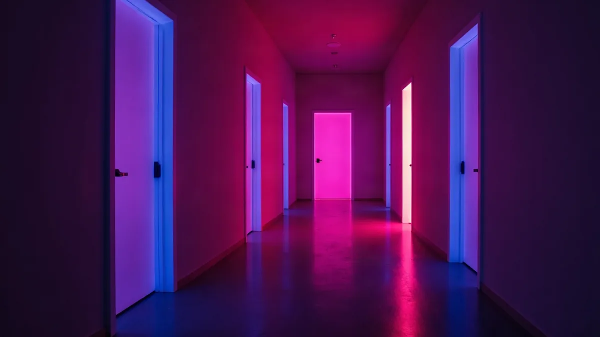 Corridoio buio con porte luminose, una socchiusa su una luce magenta (illustrazione dell’articolo)