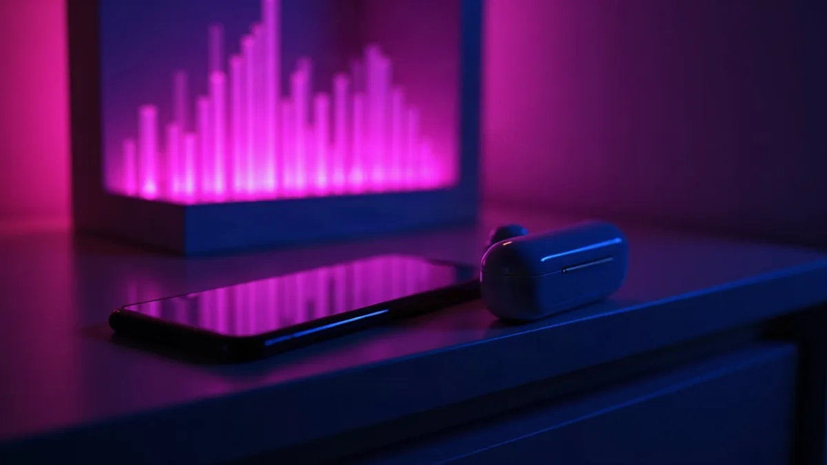 Auricolari wireless e telefono su un comodino, luce a forma di onda sonora (illustrazione dell’articolo)
