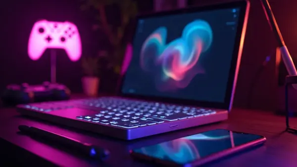 Scrivania creativa buia con portatile, smartphone e controller rosa luminoso (illustrazione dell’articolo)