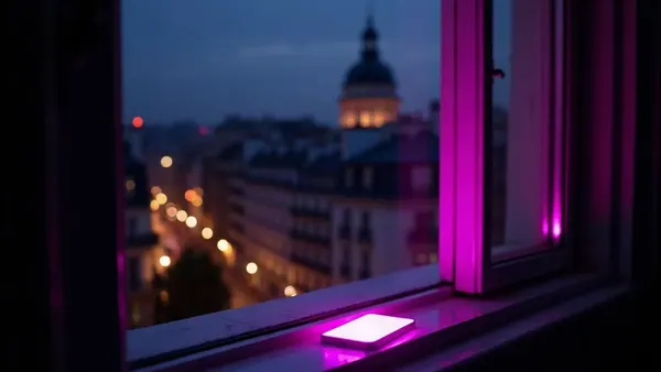 Tetti di Roma di notte visti da una finestra, smartphone luminoso sul davanzale (illustrazione dell’articolo)