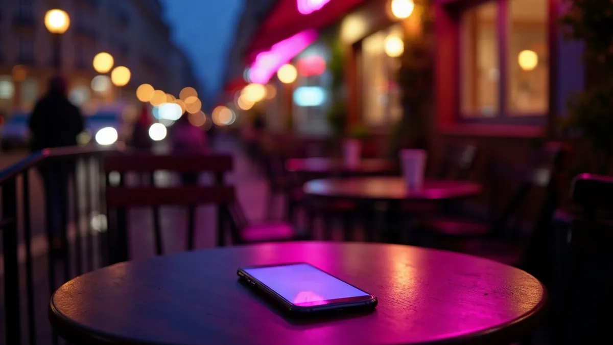 Tavolino di un caffè di notte con uno smartphone luminoso, luci della strada sfocate (illustrazione dell’articolo)