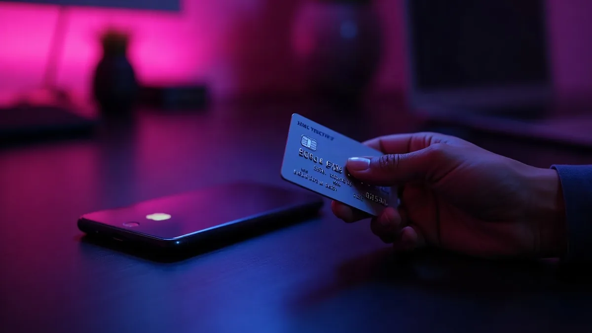 Mano che tiene una carta di credito accanto a un telefono, luce viola (illustrazione dell’articolo)