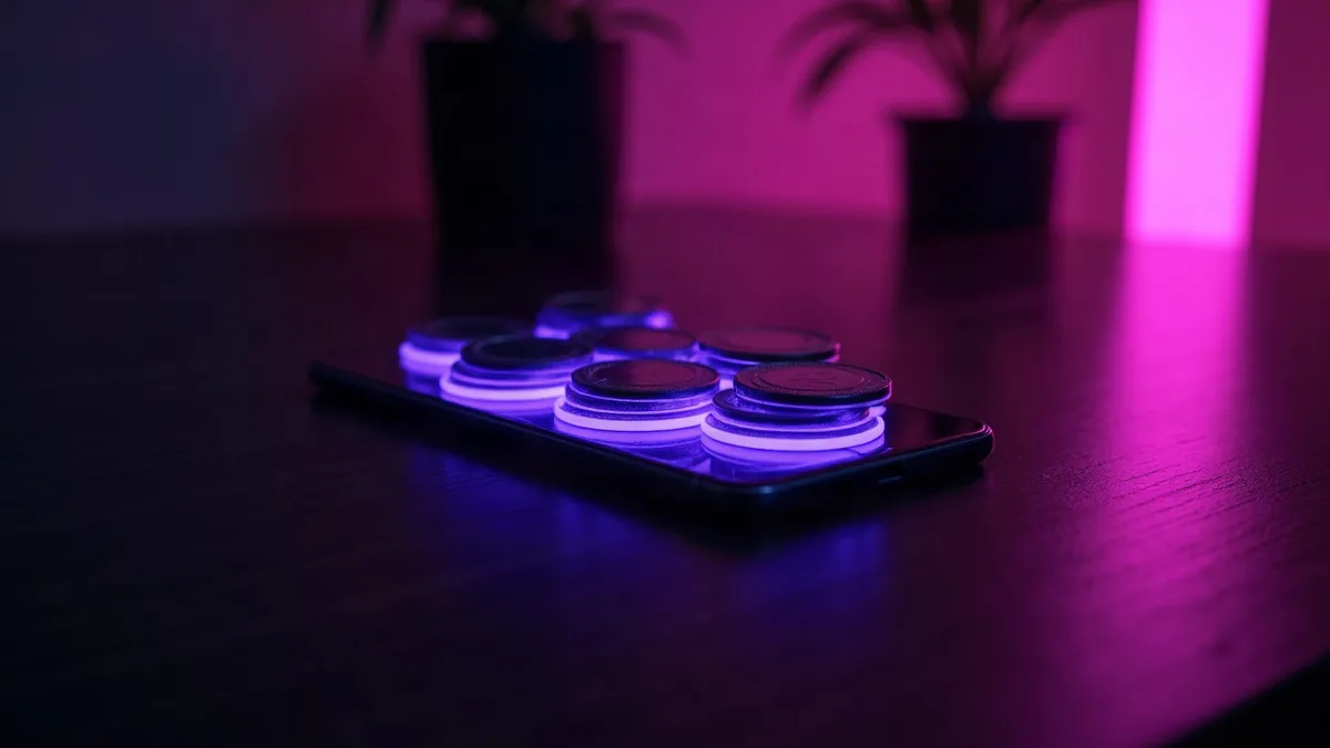 Smartphone e alcune monete viola luminose su una scrivania di legno scuro (illustrazione dell’articolo)