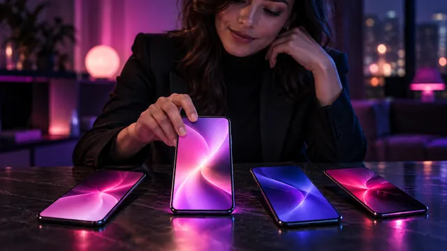 Migliori alternative a Candy AI: donna che sceglie uno smartphone tra quattro schermi luminosi appoggiati su un tavolo