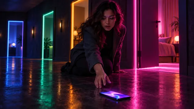 Migliori alternative a Character.AI: donna che raccoglie uno smartphone in un corridoio di porte luminose di colori diversi