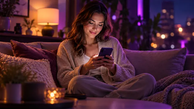 Migliori alternative a Replika: donna con cardigan beige che sorride al telefono sul divano, la sera