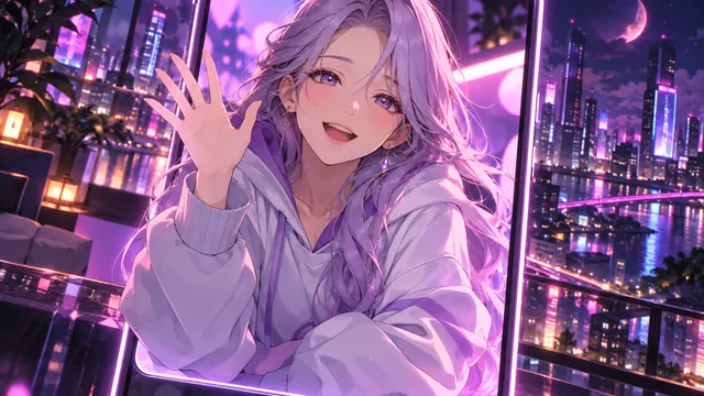 Migliore fidanzata IA anime: illustrazione anime di una donna adulta con capelli color lavanda e felpa, che saluta da uno schermo in una città al neon