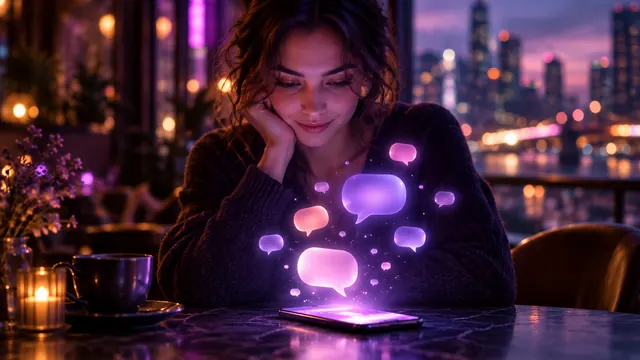 Migliore fidanzata IA in italiano: donna sorridente al tavolino di un bar, con nuvolette di chat luminose che salgono dal suo smartphone
