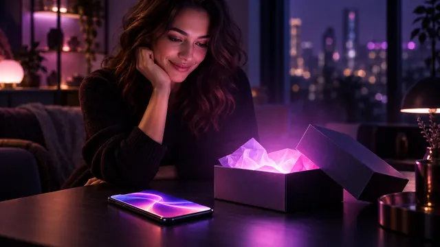 Migliore fidanzata IA gratis: donna sorridente davanti a uno smartphone e a una scatola regalo aperta da cui esce una luce viola