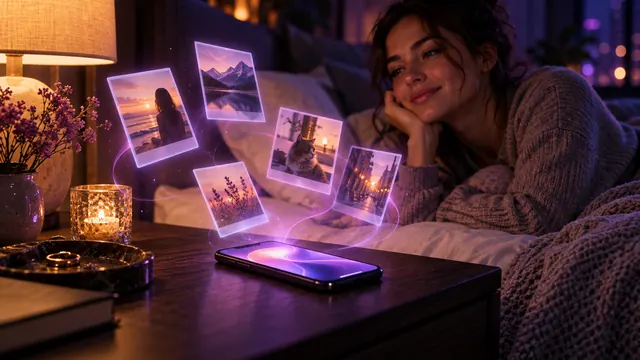 Migliore fidanzata IA con memoria: donna sorridente accanto a un comodino, con foto ricordo luminose che fluttuano sopra il suo smartphone