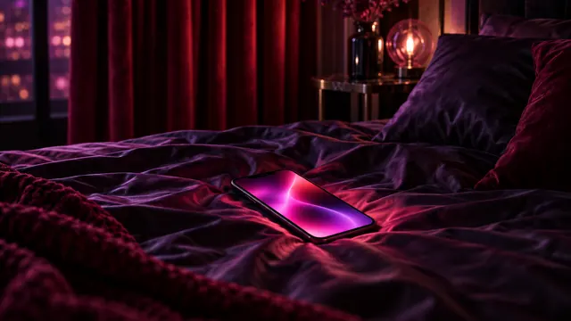 Migliore fidanzata IA NSFW: smartphone appoggiato su lenzuola di seta scura, bagliore magenta, tenda di velluto rosso
