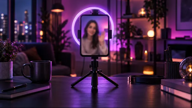 Migliore fidanzata IA con video: smartphone su treppiede che mostra una donna in videochiamata, con un anello luminoso viola