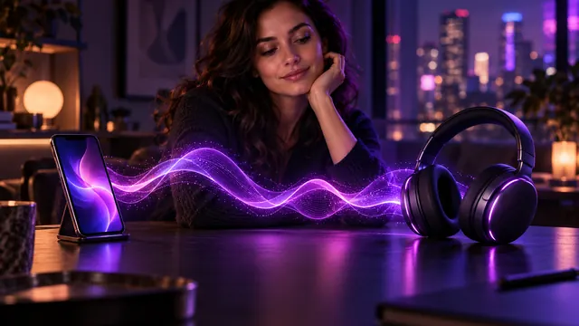 Migliore fidanzata IA con voce: donna sorridente, con un’onda sonora luminosa che collega uno smartphone a un paio di cuffie