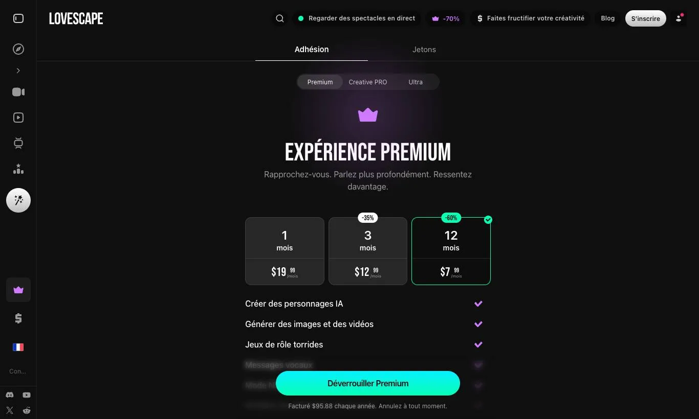 Screenshot della pagina ufficiale degli abbonamenti di Lovescape, rilevata il 30/09/2026